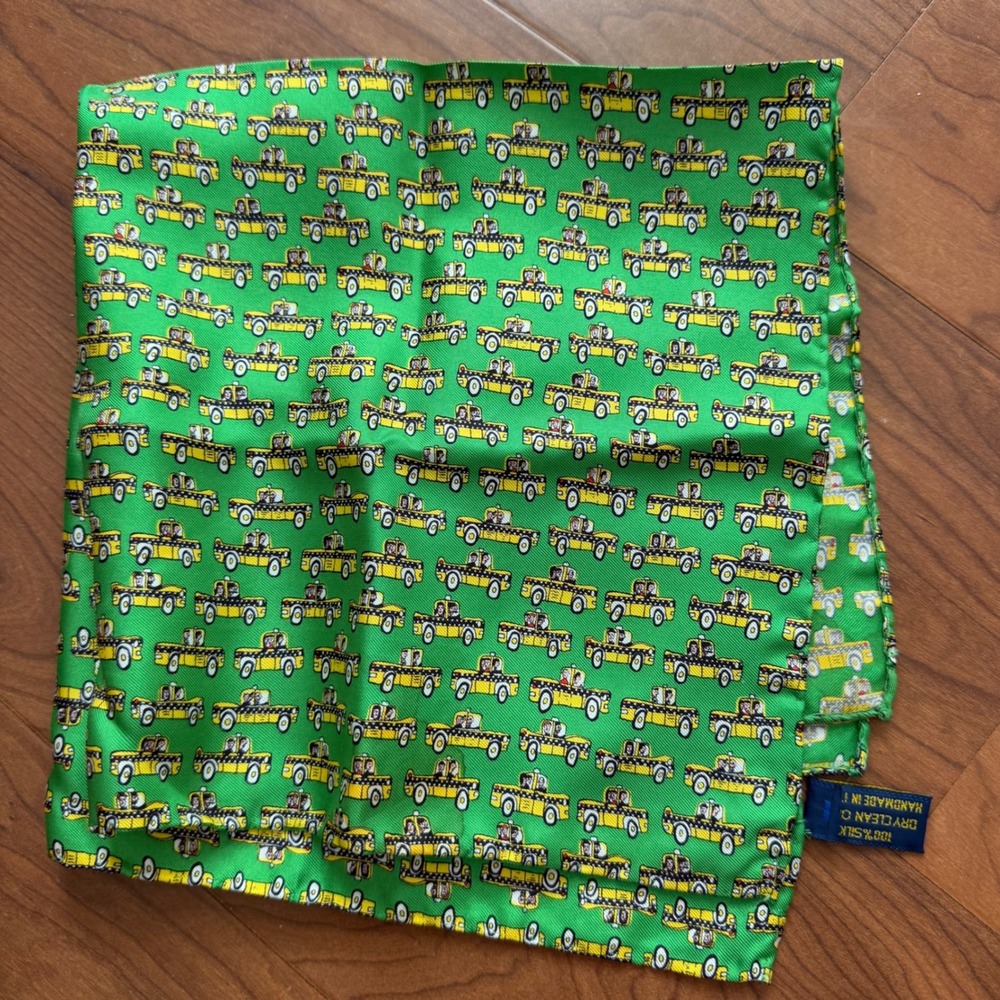 Handmade in Italy 100% Silk Green Yellow Taxi Cab Jam NYC Pocket Square Scarf